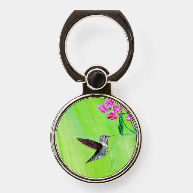 Hummingbird and Sweet Peas Painting Phone Ring Stand (Front)