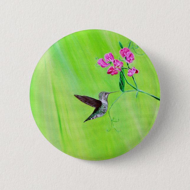 Hummingbird and Sweet Peas Painting Pinback Button (Front)