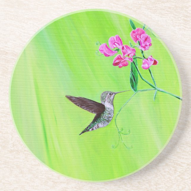 Hummingbird and Sweet Peas Painting Sandstone Coaster (Front)