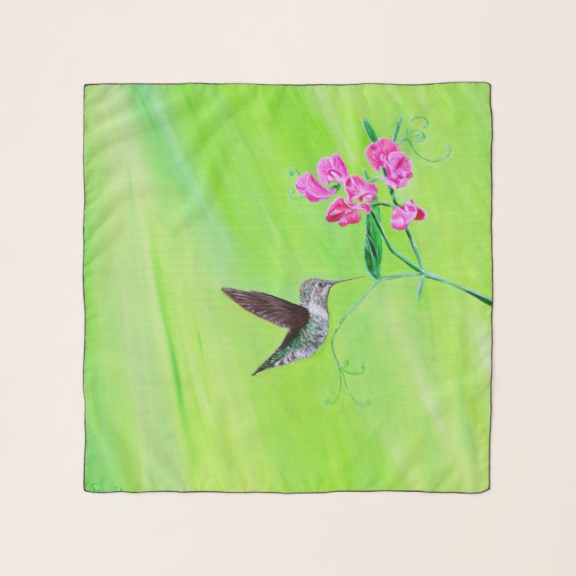 Hummingbird and Sweet Peas Painting Scarf (Front)