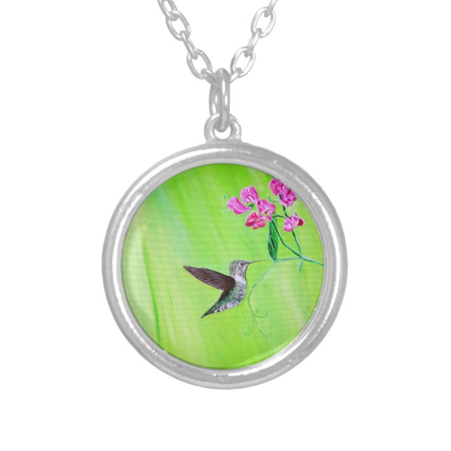 Hummingbird and Sweet Peas Painting Silver Plated Necklace (Front)