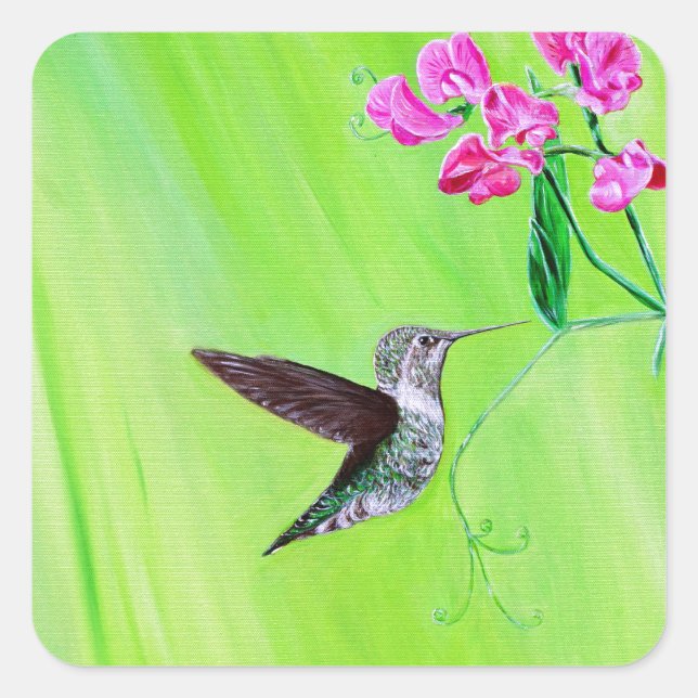 Hummingbird and Sweet Peas Painting Square Sticker (Front)