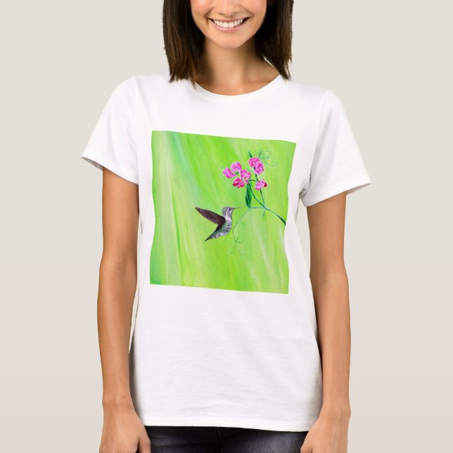 Hummingbird and Sweet Peas Painting T-Shirt (Front)