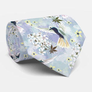 Hummingbird and white flowers neck tie