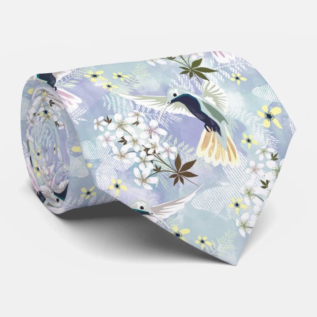Hummingbird and white flowers neck tie (Rolled)