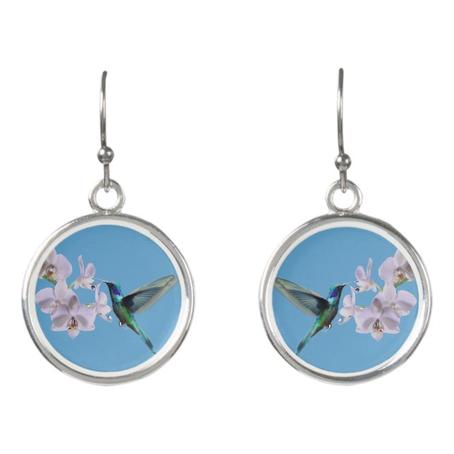 Hummingbird and white orchid flowers on sky blue earrings (Front)