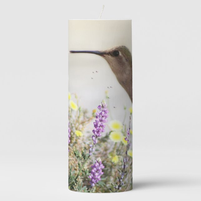 Hummingbird and Wildflowers Digital Art Pillar Candle (Front)