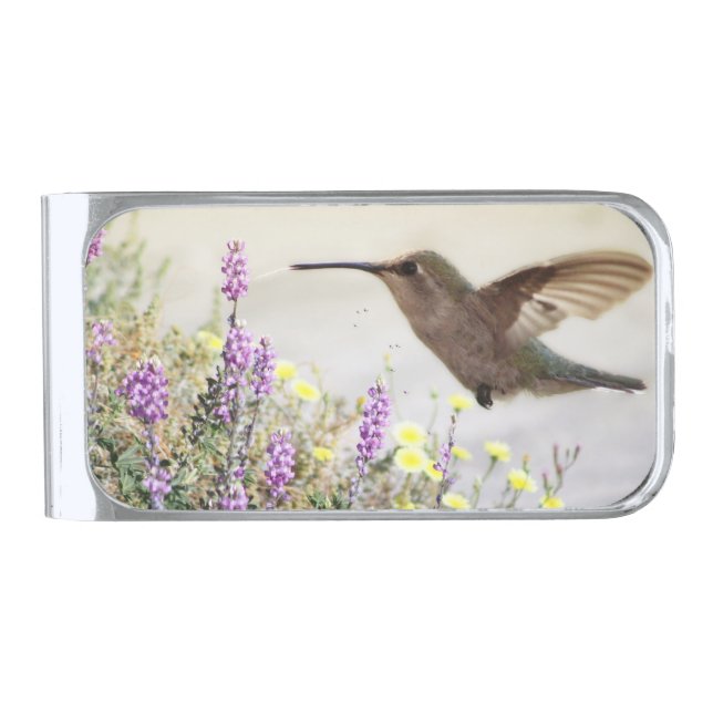 Hummingbird and Wildflowers Digital Art Silver Finish Money Clip (Front)