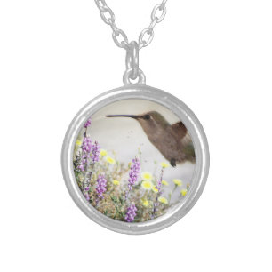 Hummingbird and Wildflowers Digital Art Silver Plated Necklace