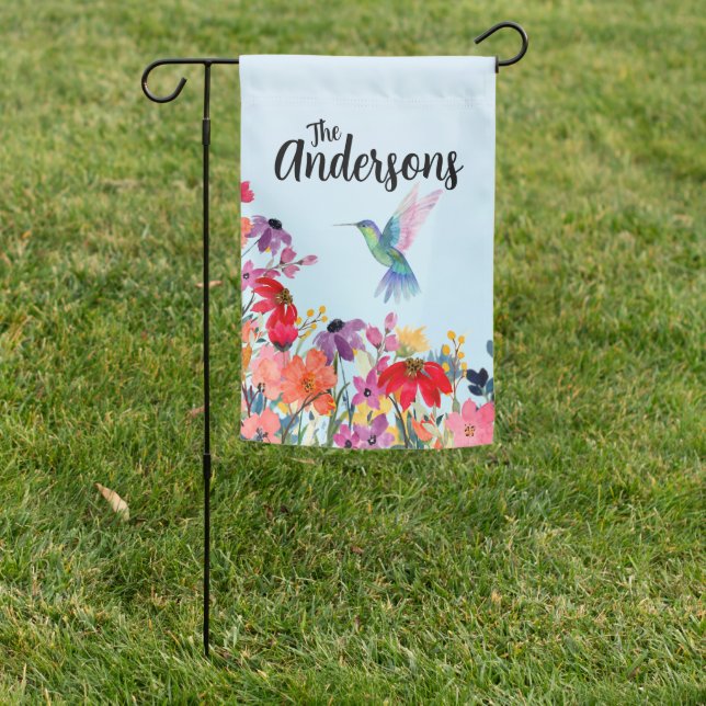 Hummingbird and Wildflowers Personalized Garden Flag (In SItu)