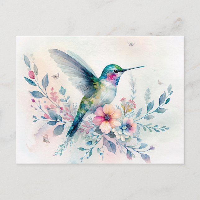 Hummingbird and Wildflowers Watercolor Postcard (Front)