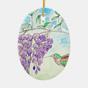 Hummingbird and Wisteria Painting Ceramic Ornament
