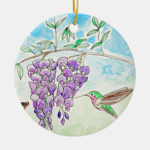 Hummingbird and Wisteria Painting Ceramic Ornament