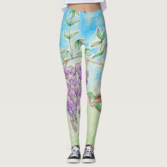 Hummingbird and Wisteria Painting Leggings (Front)