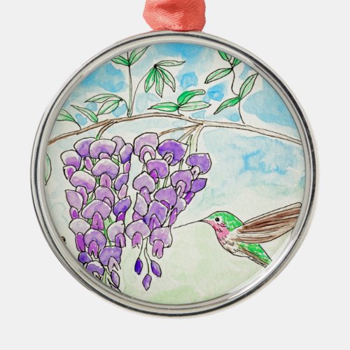 Hummingbird and Wisteria Painting Metal Ornament