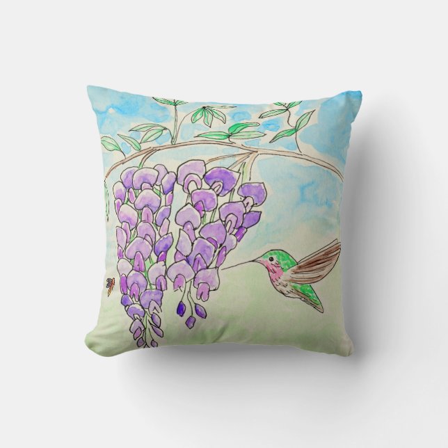 Hummingbird and Wisteria Painting Throw Pillow (Front)