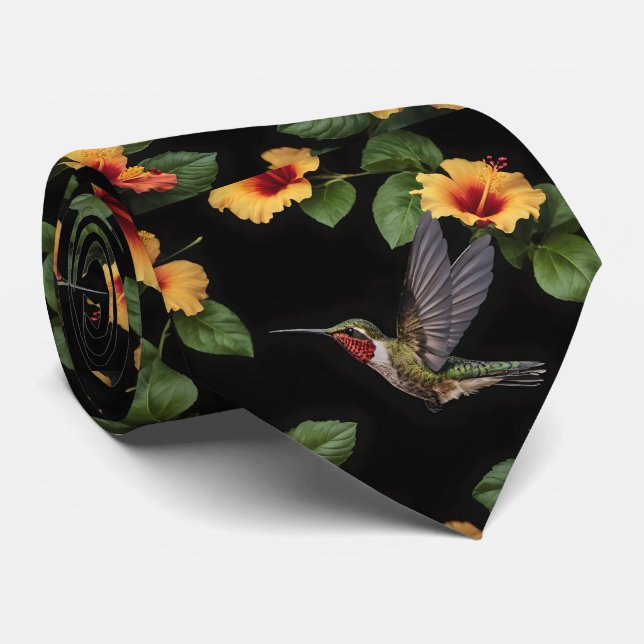 Hummingbird And Yellow Hibiscus, Neck Tie (Rolled)
