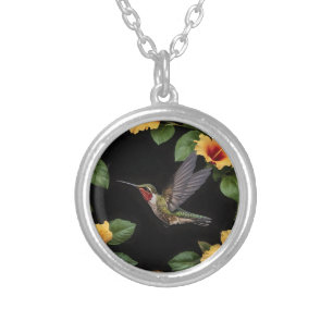 Hummingbird And Yellow Hibiscus, Silver Plated Necklace