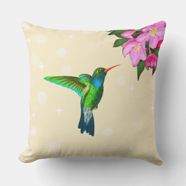 Hummingbird & Apple Flowers on Light Beige Throw Pillow (Front)