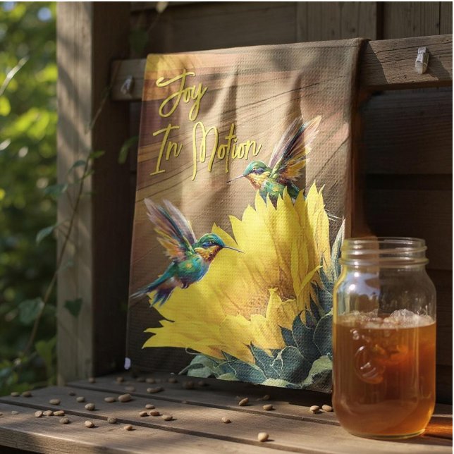 Hummingbird Art & Sunflower Photograph Mix Kitchen Towel (kitchen towel hangs from board)