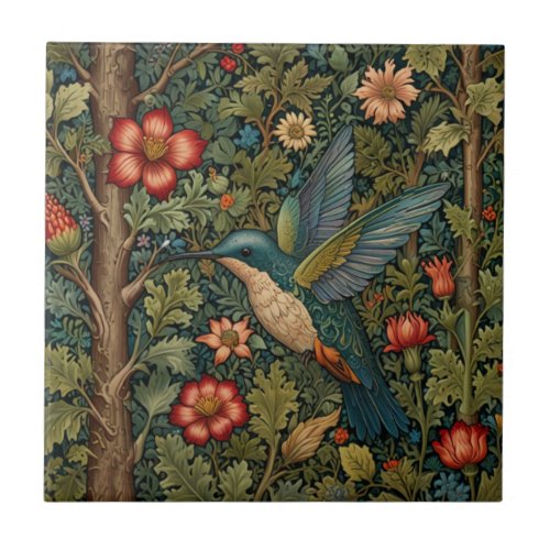 Hummingbird artwork bohemian floral greenery  ceramic tile
