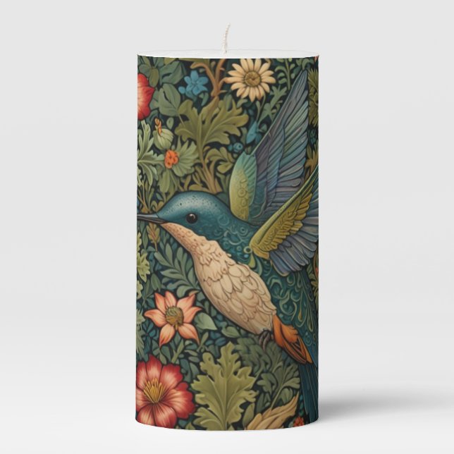Hummingbird artwork bohemian floral greenery  pillar candle (Front)