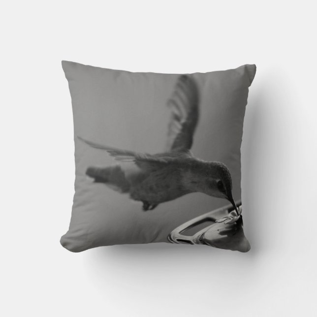 Hummingbird at Feeder Black and White 3 or 3 Throw Pillow (Front)