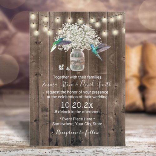 Hummingbird  Babys Breath Flowers Rustic Wedding Invitation