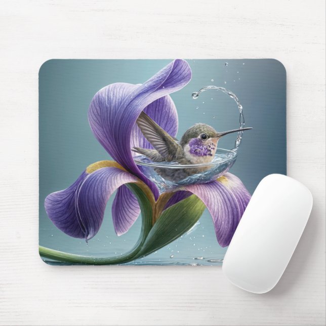 Hummingbird Bathing In An Iris Blossom Mouse Pad (With Mouse)