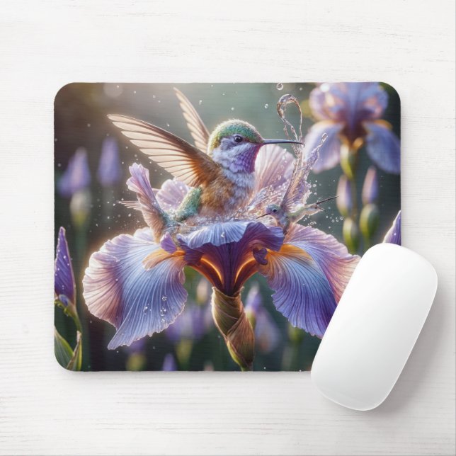 Hummingbird Bathing In An Iris Blossom Mouse Pad (With Mouse)