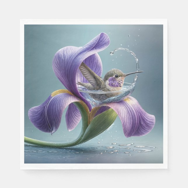 Hummingbird Bathing In An Iris Blossom Napkins (Front)