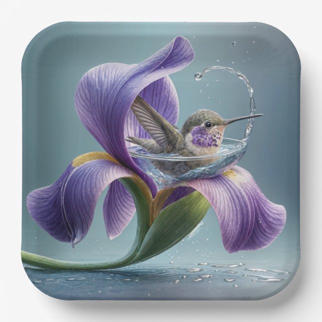 Hummingbird Bathing In An Iris Blossom Paper Plates (Front)
