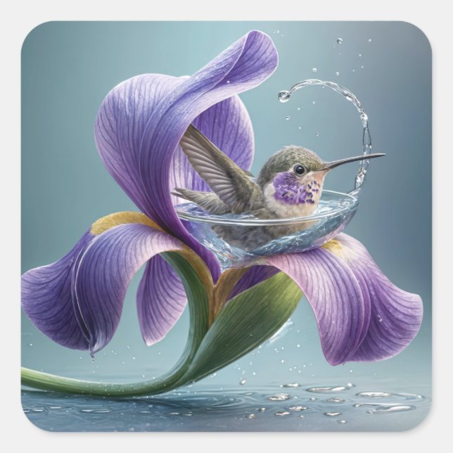 Hummingbird Bathing In An Iris Blossom Square Sticker (Front)