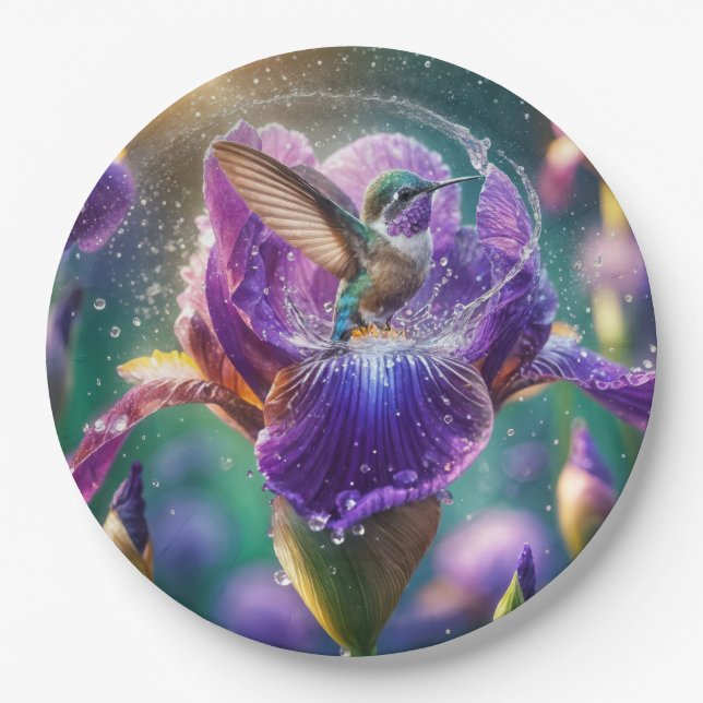 Hummingbird Bathing In an Iris Paper Plates (Front)