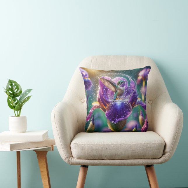 Hummingbird Bathing In an Iris Throw Pillow (Chair)