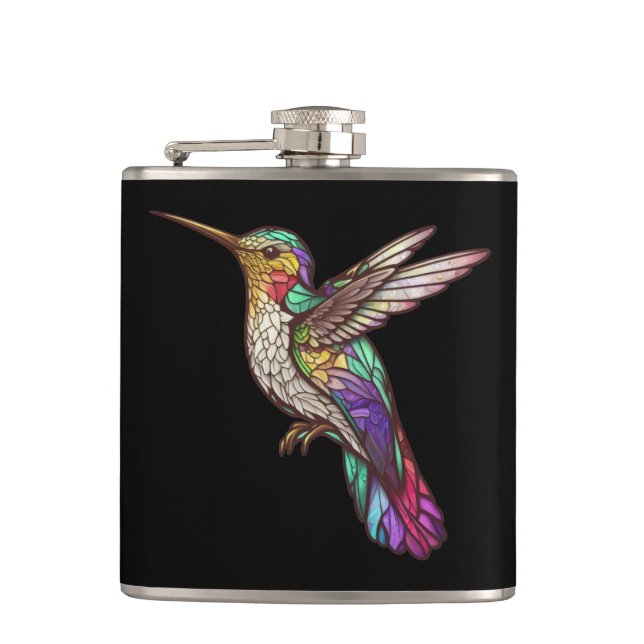Hummingbird Bird Animal Portrait Stained Glass Art Flask (Front)