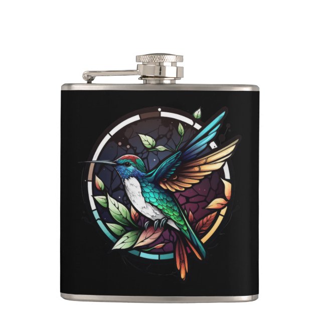 Hummingbird Bird Animal Portrait Stained Glass Art Flask (Front)