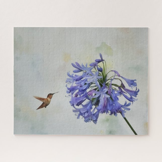 Hummingbird Bird Art on Lily Flower Art Puzzle (Horizontal)