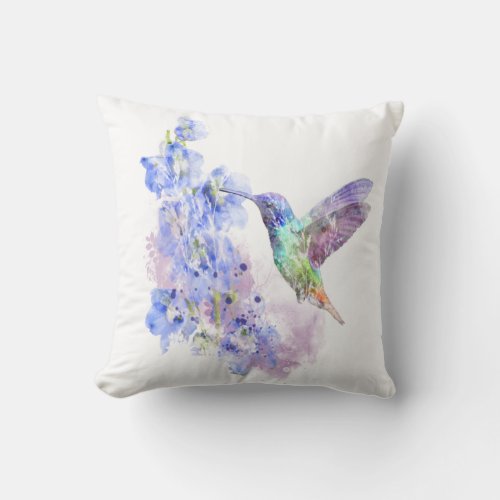 Hummingbird Bird  Blue Delphinium flowers Throw Pillow