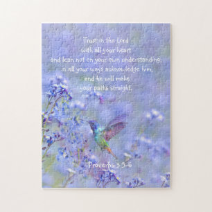 Hummingbird Bird Blue Garden Floral BibleScripture Jigsaw Puzzle
