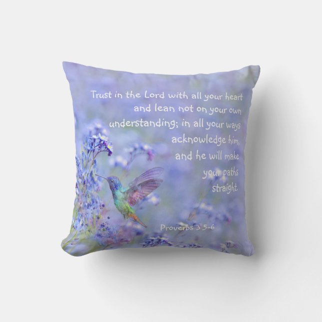 Hummingbird Bird Blue Garden Floral BibleScripture Throw Pillow (Front)