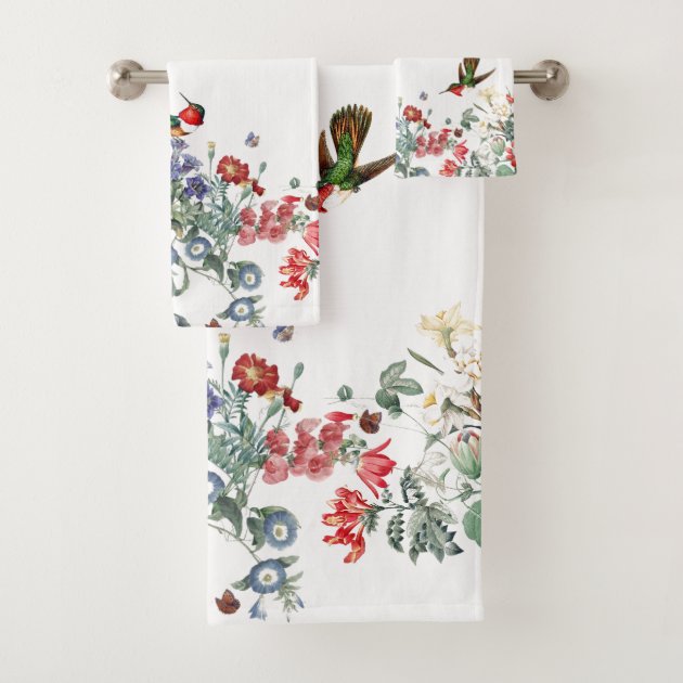 Butterfly Garden 3-Piece Towel Set - White Velour Bath, Hand & Fingertip Towels With Embroidered Rose & Striped Trim