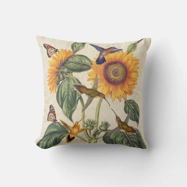 Hummingbird Bird Monarch Butterfly Sunflowers Throw Pillow (Front)