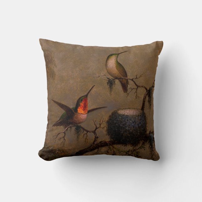 Hummingbird bird nest victorian heade painting throw pillow (Front)