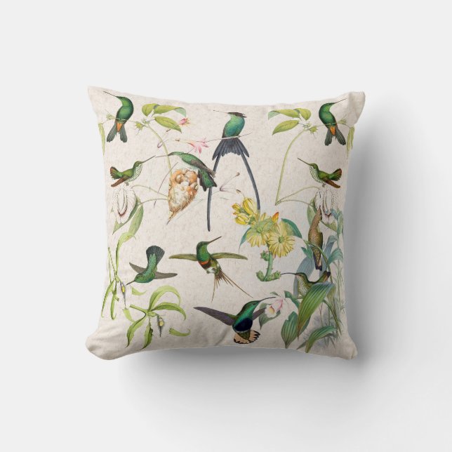 Hummingbird Bird Nests Orchid Flowers Throw Pillow (Front)