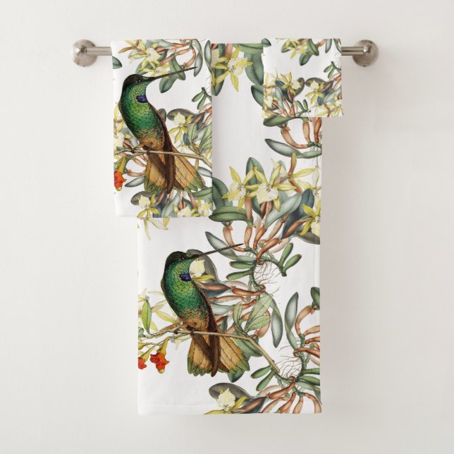 Hummingbird Bird Orchid Flowers Bath Towel Set (Insitu)