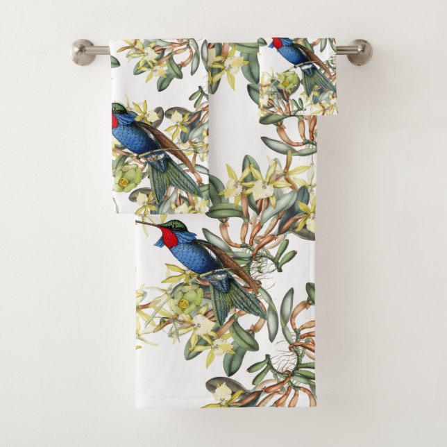 Hummingbird Bird Orchid Flowers Bath Towel Set (Insitu)