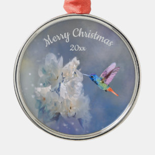 Hummingbird Bird White Garden Flower Christmas Metal Ornament