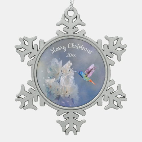 Hummingbird Bird White Garden Flower Christmas Snowflake Pewter Christmas Ornament