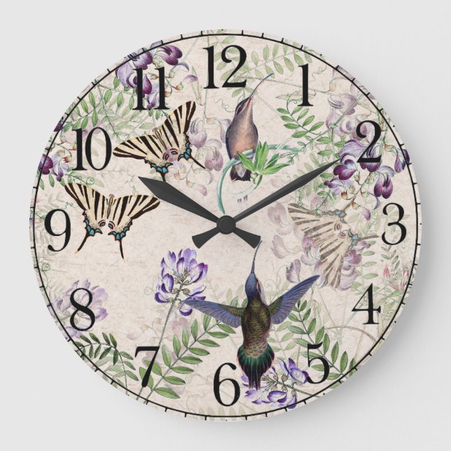 Hummingbird Birds Butterfly Floral Wall Clock (Front)